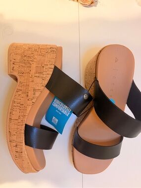 Reef Black Double-Strap Cork Platform Slide Sandals MSRP $99